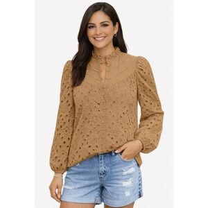 Women's Long Short Sleeve Casual Button Hollow Out Lace Embroidered Blouse